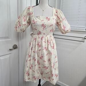 WAYF Floral Puff Sleeve Dress XS Open Back Tie Bow Cottagecore Romantic prairie